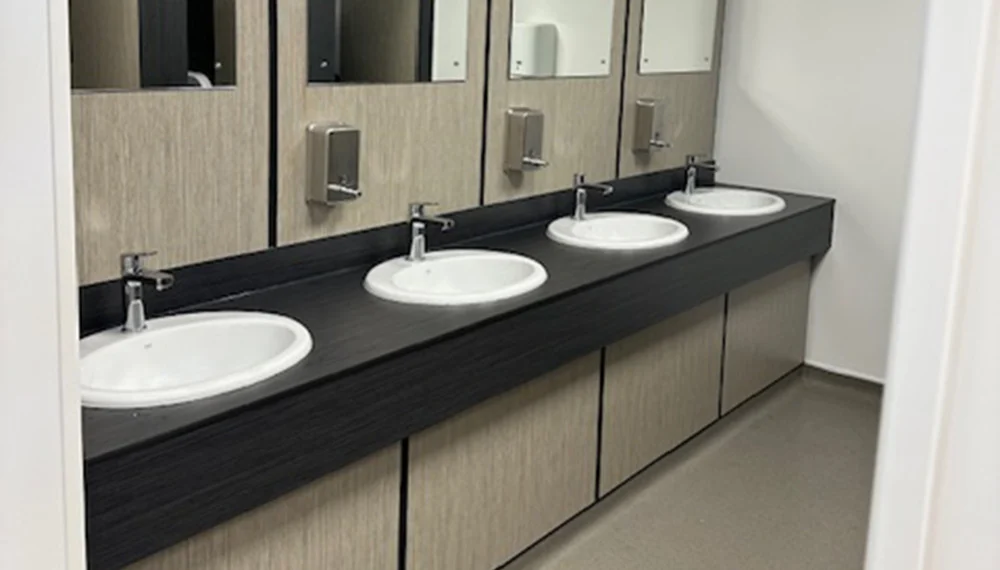 vanity-000 - school bathroom refurbishment Greater Manchester in case industrial washroom fitting with commercial locker and…